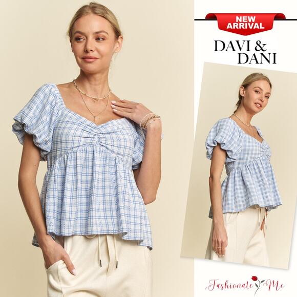 Davi & Dani Plaid Print Puff Short Sleeves Ruffle Smocked Babydoll Blouse | Blue - Picture 1 of 10